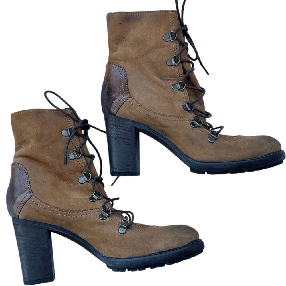 Vera Gomma Italian Brown Suede Lace Up Heeled Ankle Boots Lug Sole EU 36 US 6